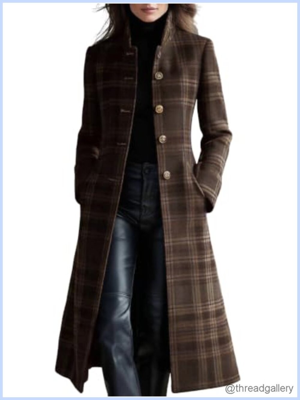 Wool Blend Plaid Pea Coat Single Breasted Midi Trench Overcoat